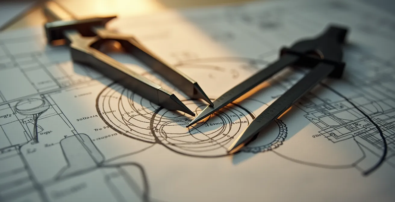 Vue macro détaillée de plans architecturaux avec compas et règles professionnelles