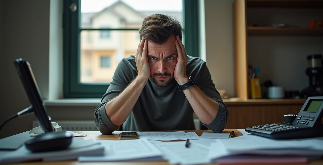 Propriétaire stressé entouré de multiples téléphones et documents de chantier éparpillés