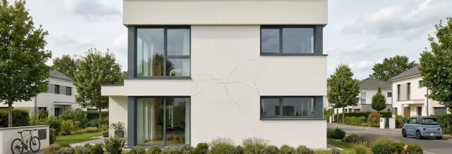 Façade d'une maison contemporaine en zone pavillonnaire avec fissures visibles sur le crépi blanc