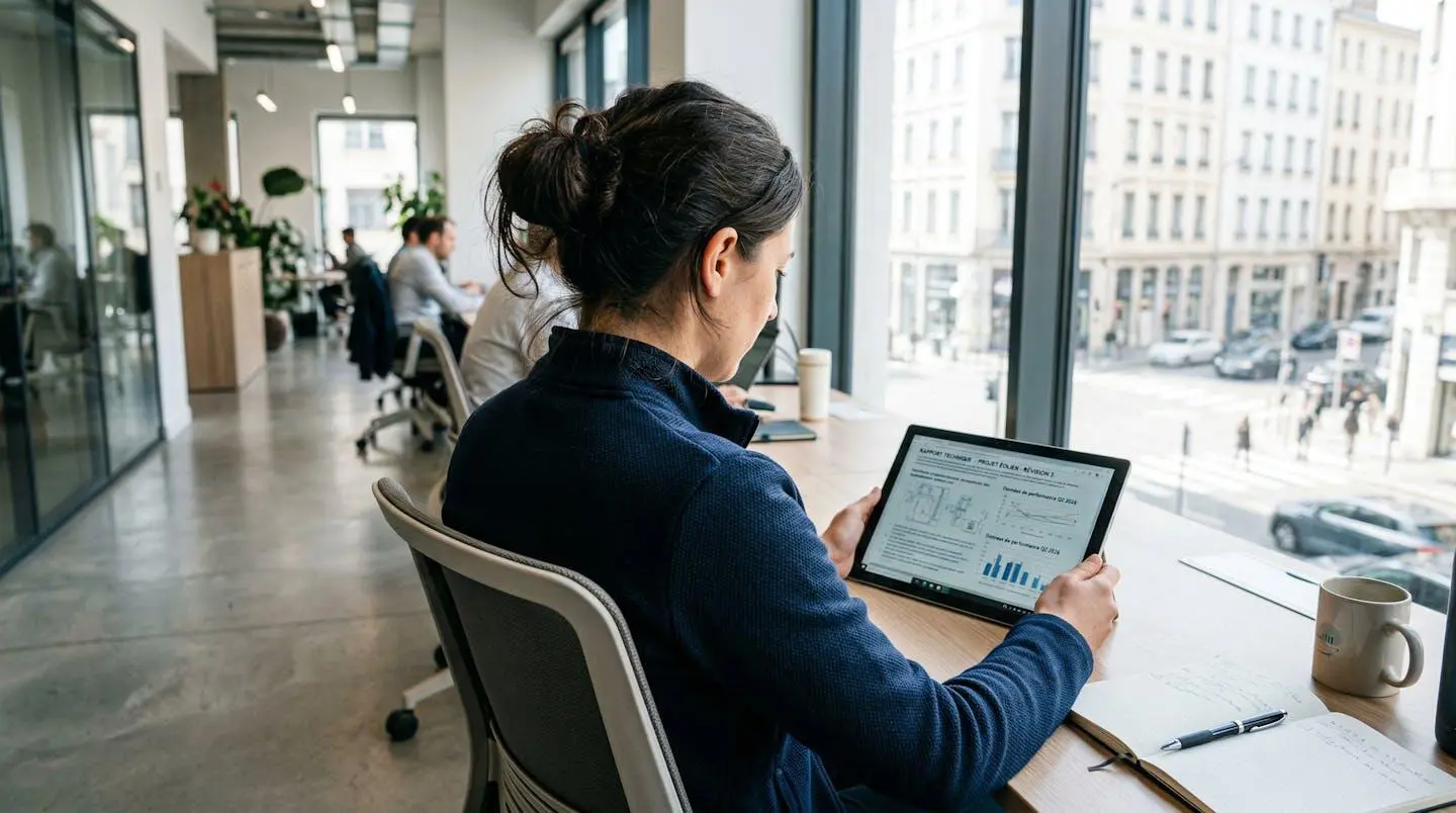 Vue par-dessus l'épaule d'un ingénieur en chemise consultant un rapport technique sur tablette dans un bureau lumineux