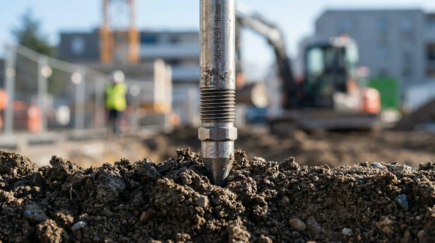 Gros plan sur une tige métallique de pénétromètre s'enfonçant dans le sol d'un chantier
